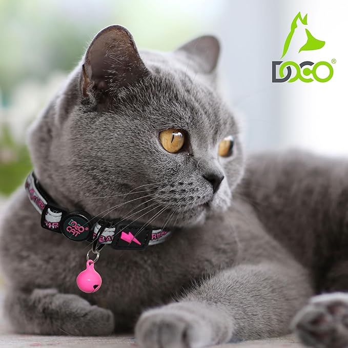 DOCO Cat Collar (Neck Girth - 3/8" x 7.5-12", Weight Upto - 13lb) Reflective Cat Collar with Bell, Breakaway Safety Buckle, Adjustable Nylon Strap for Kittens & Adult Cats (Blue)