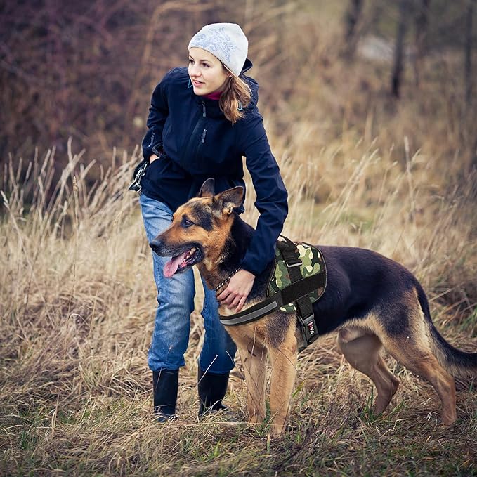 Dogline Dog Harness, Reflective No-Pull Adjustable Vest with Handle for Walking, Training, Breathable, No - Choke Harness for Small, Medium or Large Dogs Room for Patches Girth 18 to 24 in Green Camo
