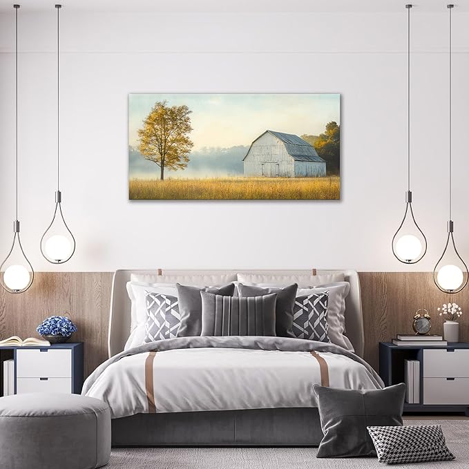 Large Farmhouse Barn Wall Art Country Landscape Canvas Living Room Rustic Tree Pictures Framed Prints Oversize Wall Decor Painting Artwork for Bedroom Dining Office Home 60"x30"