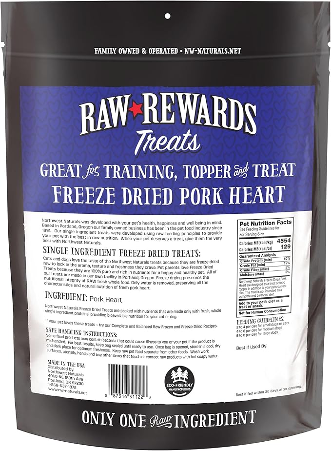 Northwest Naturals Raw Rewards Freeze-Dried Pork Heart Treats for Dogs and Cats - Bite-Sized Pieces - Healthy, 1 Ingredient, Human Grade Ingredients, All Natural, Made in USA, 10 Oz (Pack of 3)
