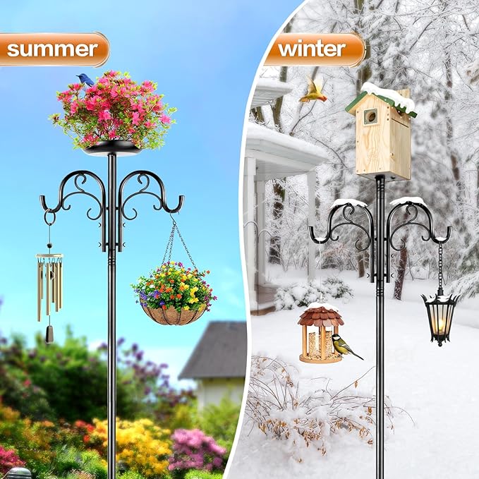 Double Shepherds Hooks for Outdoor Heavy Duty, Adjustable Shepherds Hook, 2 Pack 77 inch with 5 Prongs Base, Garden Hooks for Hanging Bird Feeders, Hanging Plants, Solar Light Lantern