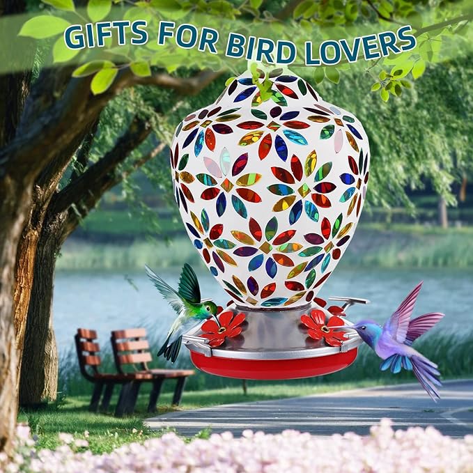 VOREEN Glass Mosaic Hummingbird Feeders, 35OZ with Ant Moat & 4 Feeding Ports, Hand Blown Glass Outdoor Hanging Porch Garden Backyard Decor, Gift for Mom Wife Friend, Flowers Design