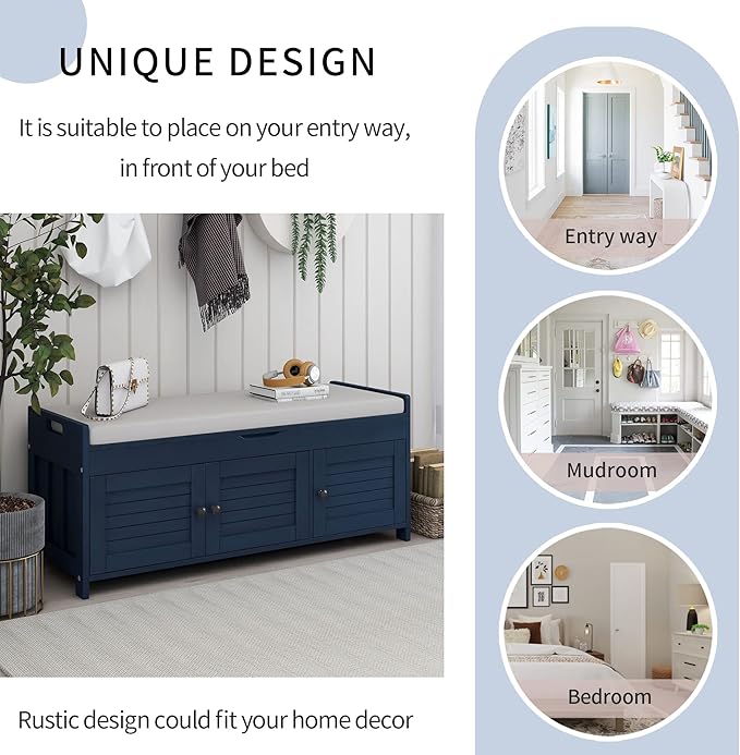 Storage Bench with 3 Shutter-Shaped Doors, Pine Wood Shoe Bench with Removable Cushion and Hidden Storage Space for Entryway Living Room 43.5" L * 16" W * 18" H, Antique Navy