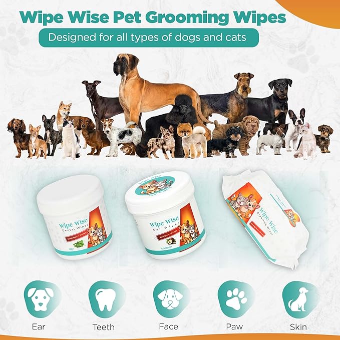 100 Pet Wipes (8x8'' Unscented) - 100 Ear Wipes (Coconut) - 50 Dental Wipes (Mint Infused) for Dogs & Cats, 250 Wipes, Alcohol-Free, Safe & Gentle- Great Value Bundle, Pet Care