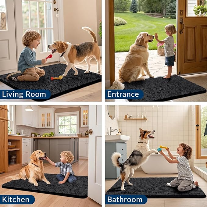 Smiry Dog Door Mat for Muddy Paws 24x16, Absorbs Moisture and Dirt Doormat, Non-Slip Washable Quick Dry Chenille Front Door Mat Indoor Entrance, Entryway Carpet for Inside Floor, Black