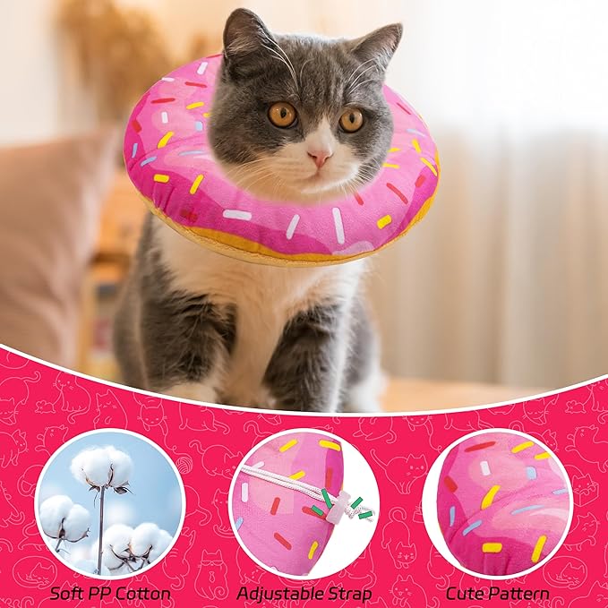 Cat Cone Soft Collar, Adjustable Cat Recovery Collars Kitten Cones to Stop Licking, Cute Donut Neck Collar After Surgery, Elizabethan Kittens Protective Cones After Spay (Donut Pink, Medium)
