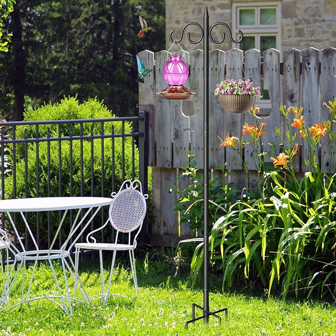 Double Shepherds Hooks for Outdoor, 76 Inch Heavy Duty Bird Feeder Pole with 5 Prongs Base, Adjustable Shepherds Hook for Bird Feeder, Garden, Weddings, Hanging Plant, 1 Pack