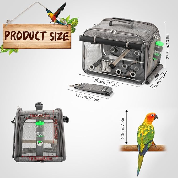 Suertree Bird Carrier Airline Approved, Bird Travel Cage with Indestructible Stainless Steel Mesh, Bird Travel Bag Lightweight and Portable with Water Bottle and Bowl