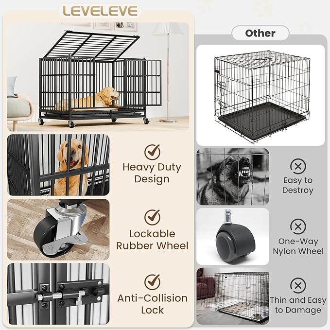 LEVELEVE 54 Inch Heavy Duty Indestructible Dog Crates for Large Dogs,Escape Proof Dog Cage Large Dogs with Lockable Wheels,Dog Kennel Furniture Indoor&Outside