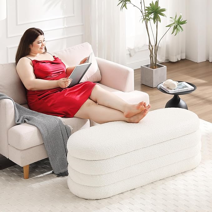 Storage Ottoman Bench 49.2 Inch Upholstered Fabric Storage Bench for Bedroom End of Bed Aesthetic Large Oval Ottoman for Living Room Entryway (Ivory)