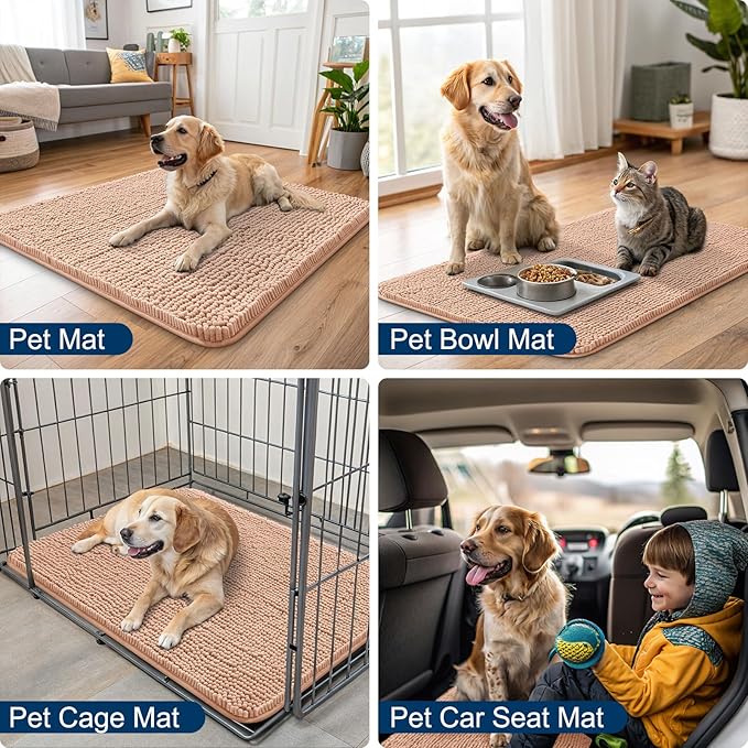 Smiry Dog Door Mat for Muddy Paws 24x16, Absorbs Moisture and Dirt Doormat, Non-Slip Washable Quick Dry Chenille Front Door Mat Indoor Entrance, Entryway Carpet for Inside Floor, Peach
