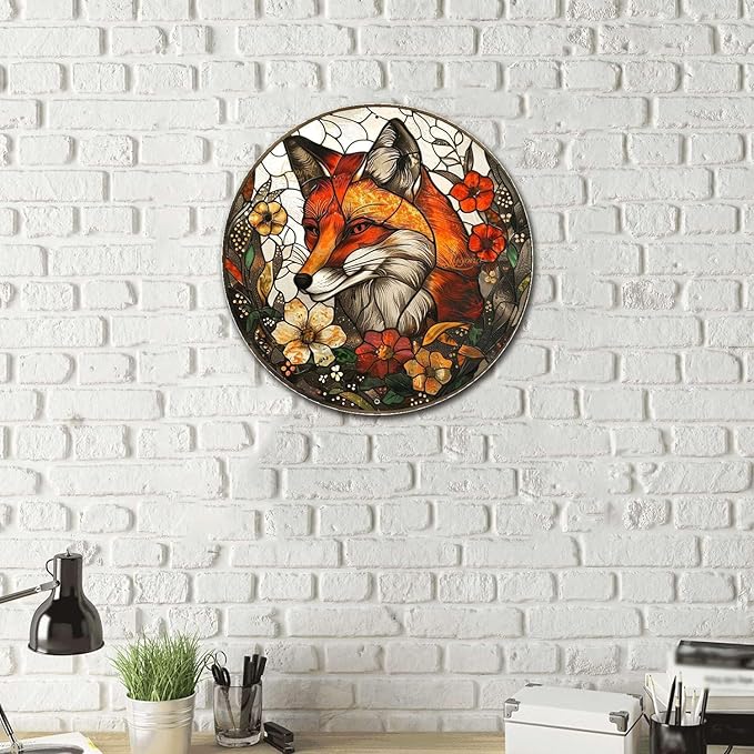 Lygond Metal Sign Tin Sign Circular Stained Glass Fox Boho Bedroom Decorations for Home Decor 8×8 Inches