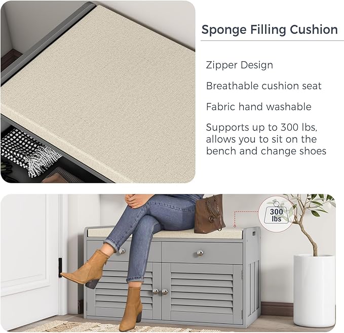 Shoe Storage Bench with 2 Drawers & 2 Doors, Entryway Bench with Cushion, 2 Adjustable Shelves, Shoe Cabinet for Entryway, Living Room, Hallway, Mudroom, Bedroom, Grey