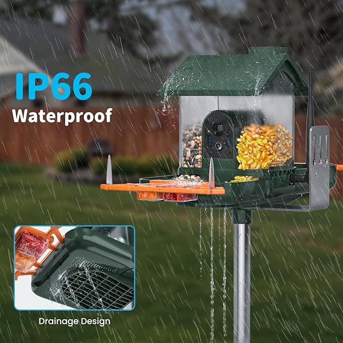Bird Feeder with Camera and Bath, Dual-Lens 2K HD Video, AI Bird Identification, Solar Powered, Instant Alerts, IP66 Weatherproof - Best Gifts for Bi rd Lovers