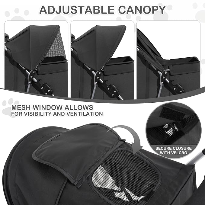 MoNiBloom Foldable Pet Stroller with Weather Cover, 3 Wheels Pet Strolling Cart for Small/Medium Dogs and Cats with Storage Basket and Cup Holder, Breathable and Visible Mesh for All-Season, Black