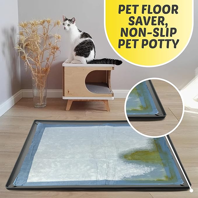 TidyFriend Dog Pee Pad Holder Tray Fits for 28” x 30” Pee Pads with Corner Lock Holes, Raised Edges, Non-Spill, Easy to Clean Silicone Dog Potty Tray Holder, for Indoor Floor Protection (Grey)