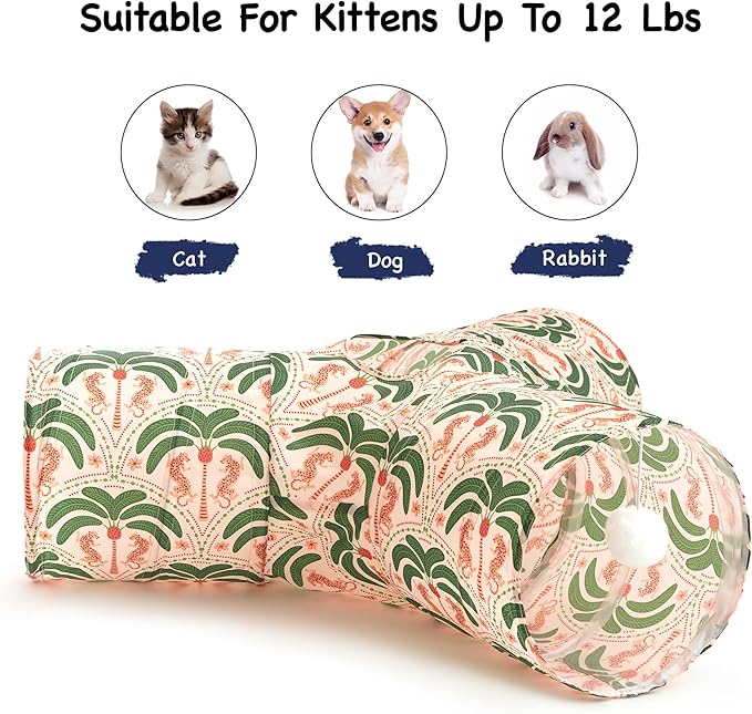 Tempcore Pet Cat Tunnel Tube Cat Toys 3 Way Collapsible, Cat Tunnels for Indoor Cats,Kitty Tunnel Bored Pet Toys Peek Hole Toy Ball Puppy, Kitty, Kitten, Rabbit Khaki Coconut Tree