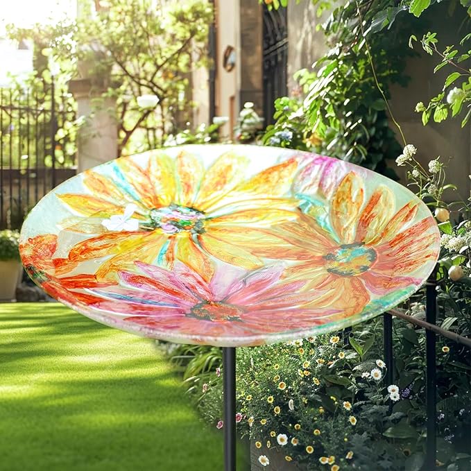 MUMTOP Glass Bird Baths for Outdoors-Outdoor Bird Bath Bowl- Watercolour Daisy Birdbaths Yard Stake, Bird Feeders for Outside, Garden, Patio, Lawn Decor