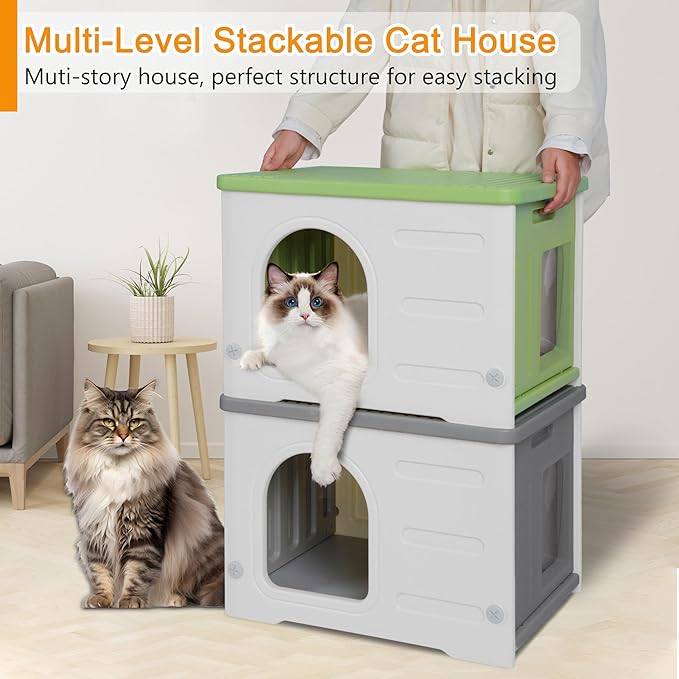 Rockever Plastic Outdoor Indoor Cat House with Insulated Liner, 100% Insulated Feral Cat House for Winter, Waterproof Cat Houses for Outdoor Cats, Spacious, Assemble Easily-Grey