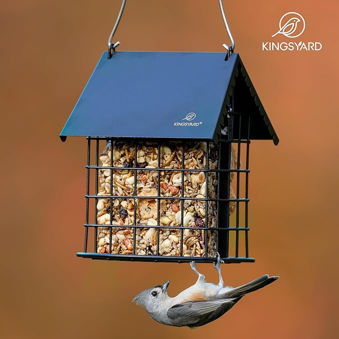 Kingsyard Double Suet Bird Feeder with Weatherproof Roof & Perch, All Metal, Suet Cakes Cage Bird Feeder for Outdoors Hanging, Easy to Clean & Refill, Black