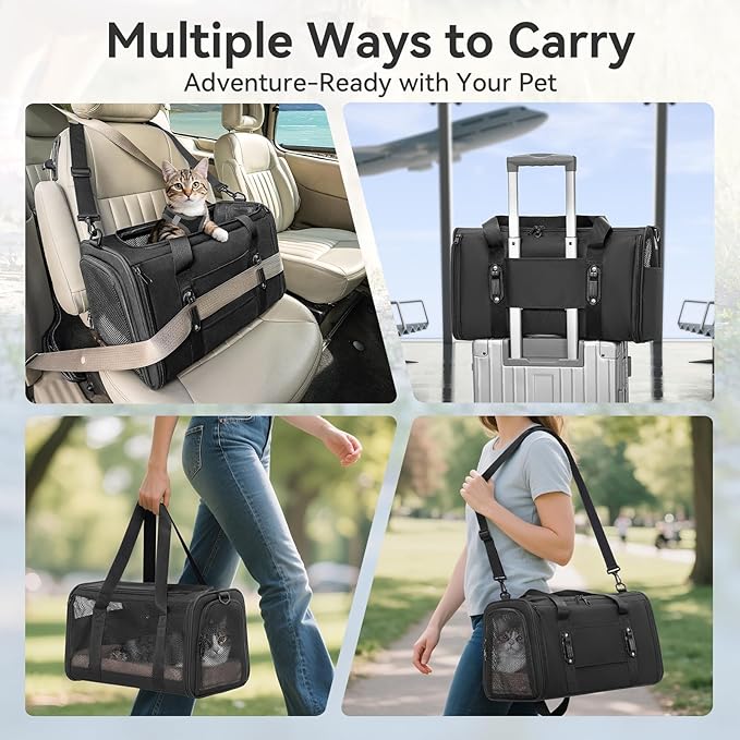 PETSFIT Soft-Sided Cat Carriers & Car Seats with Patent Safe Buckles, Clip-On Harness, 18"x11"x11" Airline Approved Pet Carrier - 9 lbs Capacity (Black)