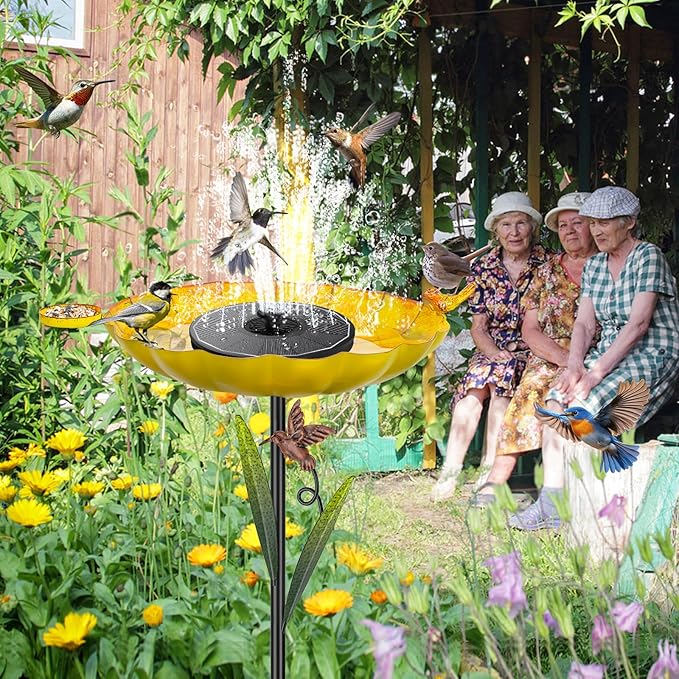 Metal Bird Bath for Outside, Detachable Birdbath Sturdy 5-Prong Stake Base with Bowl & Decorative Birds, Durable Iron Garden Birdbath & Feeder for Patio Wildlife Décor (Retro Yellow)