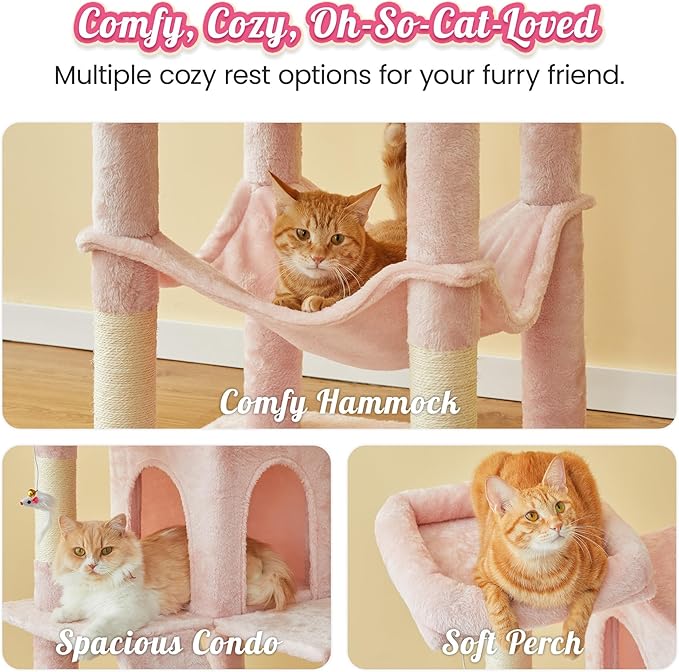 MWPO 70.1-Inch Pink Large Cat Tree, Multi-Level Tall Cat Tower for Indoor Cats, Plush Cat Condo with Big Padded Perches, Sisal-Covered Scratching Posts, Hammock, Toys for Kittens & Cats