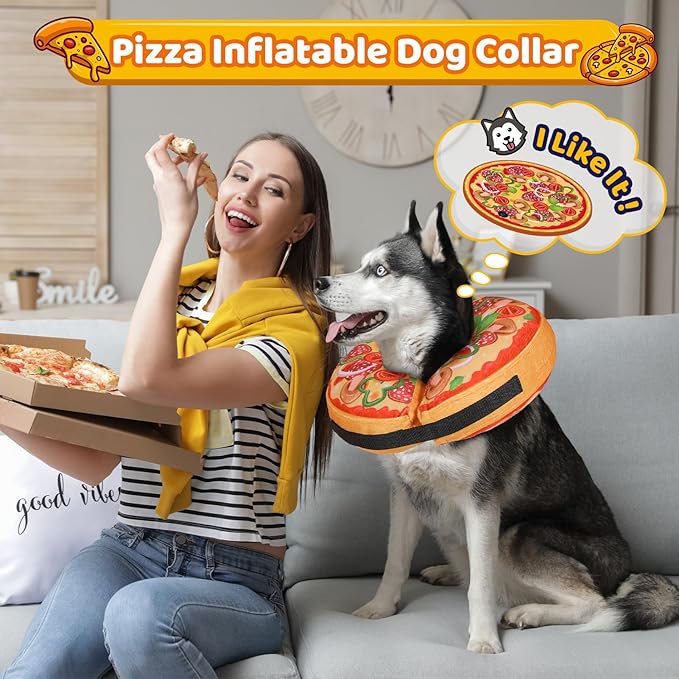 Grand Line Pizza Inflatable Collar for Dog and Cat, Soft Protective Recovery Cone After Surgery, Blow up Pet Donut Collar Cone, E-Collar Alternative Does not Block Vision (Cartoon, Large)