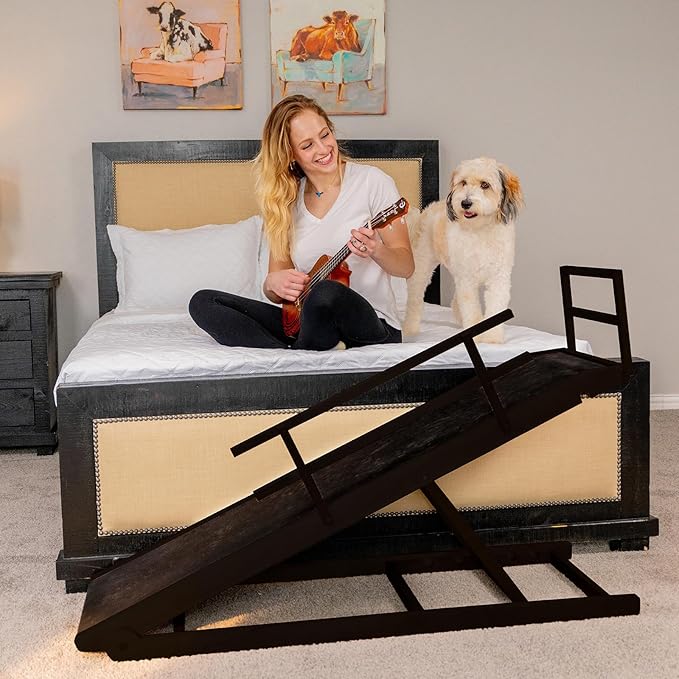 Dog Ramp for Bed, 5 Level Adjustable Dog Ramp for High Beds, Upgrade Rubber Mat High Traction Ramp with Safety Rails, Folding Pet Ramp for Bed, Couch,SUV, Natural Wood Pet Ramp for Small & Old Dogs