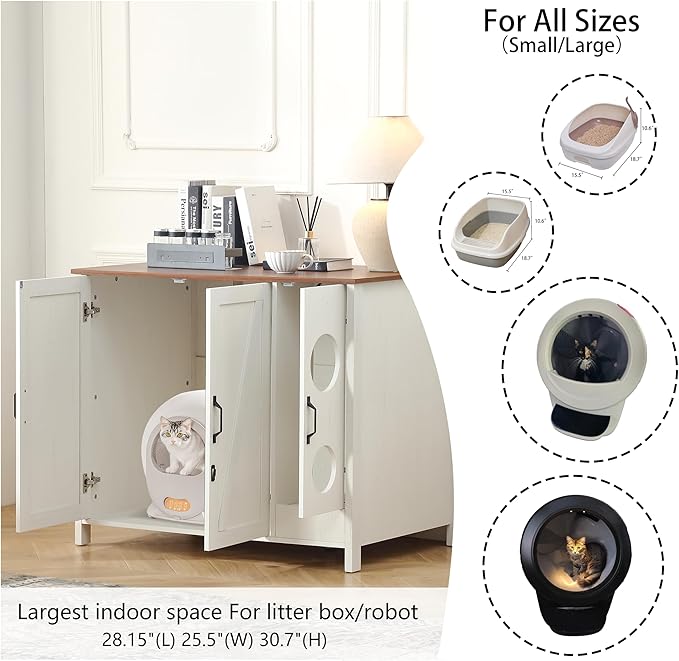 Cat Litter Robot Enclosure, Automatic Litter Box Enclosure for Litter Robot 3/4,Cat-Exclusive entrace for Dog Proof and Fun,Power Outlet for cat Litter Cabinet,Litter Collector,Antique White