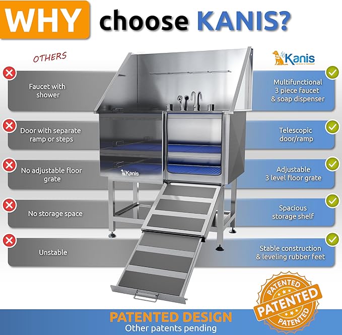 KANIS Professional Dog Washing Station - 304 Stainless Steel Pet Wash Sink & Grooming Bath Tub for Home with Ramp, Shower, Floor Grate, Storage Shelf, Faucet, Drain Kit for Large, Medium & Small Pets