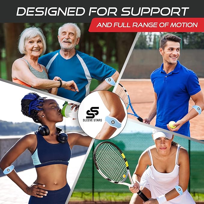Sleeve Stars Tennis Elbow Brace for Men & Women, Tendonitis Elbow Brace & Strap Golfers Elbow Brace Counterforce Band for Tendon Pain Relief & Support for Forearm w/ 3 Straps Fits 9-23" (Pair/Light Blue)