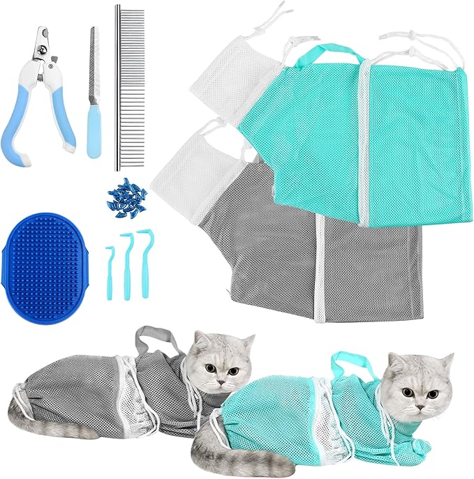 JULMELON Cat Washing Bag 10 PCS Set, Adjustable Cat Shower Net Bag and Pet Grooming Brush with Nail Clipper Nail File Hair Combs Tick Tool Nail Caps for Bathing Nail Trimming Examination(Grey+Green)