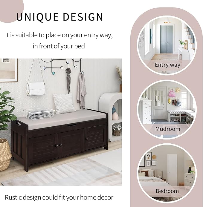 Shoe Storage Bench with 3 Shutter-Shaped Doors, Pine Wood Shoe Bench with Removable Cushion and Hidden Storage Space for Living Room, Entryway 43.5" L x 16" W x 18" H Espresso
