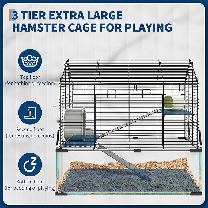 Large Hamster Cage with 7" Deep Tempered Glass Bottom, 3 Tiers Big Hamster Tank with Running Wheel, Hut, Water Bottle, Dish, Rat Cages for Syrian, Dwarf, Gerbils, Mouse, 22.83" x 15" x 21.25"