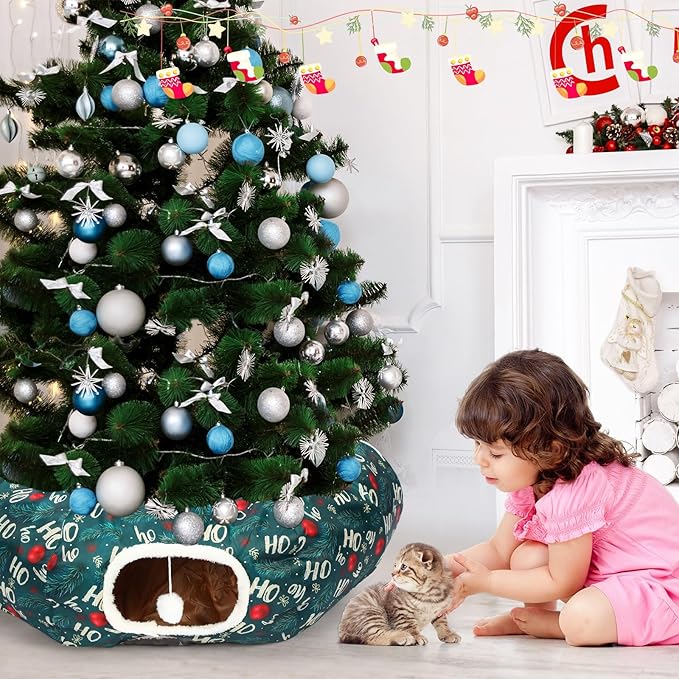Christmas Cat Tunnel Bed for Indoor Cats Under Christmas Tree Skirt Tube with Hanging Ball Plush Cat Cave, Washable Holiday Pet Gift Toy & Gift for Kittens(Pine Branch)