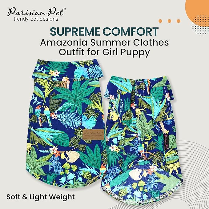 Parisian Pet Unisex Amazonia Dog Shirt - Leafy Dog Beach Outfit - Cotton Dog Summer Clothes - Stylish Hook and Loop Closure Dog Costume - Machine Washable Dog Shirts for Large Dogs - XL3