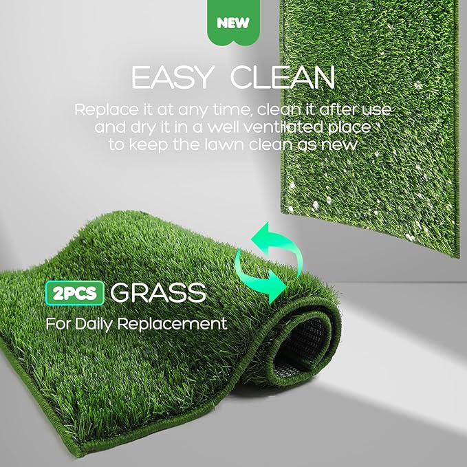 Dog Grass Pad with Tray, 45×34in XL Litter Box, 2×Grass Pad for Dogs Potty Washable, Thick Soft Odor-Free Hemmed Dog Pee Grass, Indoor Potty Training Balcony