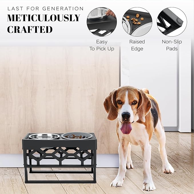 AVERYDAY Small Slow Feeder Dog Bowls Elevated, 4 Height Adjustable Raised Dog Bowl Stand with Stainless Steel Food and Water Bowl, Tall Dogs Feeding Station with Anti-Slip for Small Medium Breeds Dogs