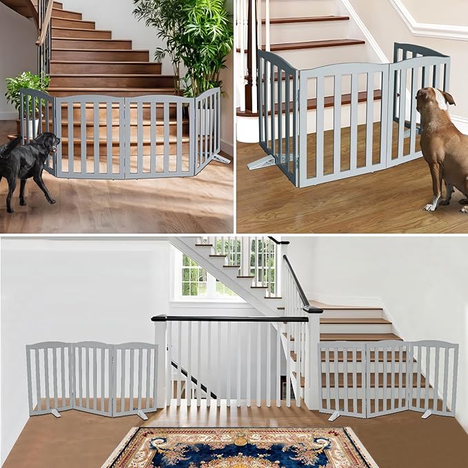 ZJSF Foldable Freestanding Indoor Dog Gate for House Wood Long Pet Gates Dog Fence for Stairs Puppy Gates for Hallways, Puppy Gate,Support Feet Included, Grey, 24 "Height-3 Panels