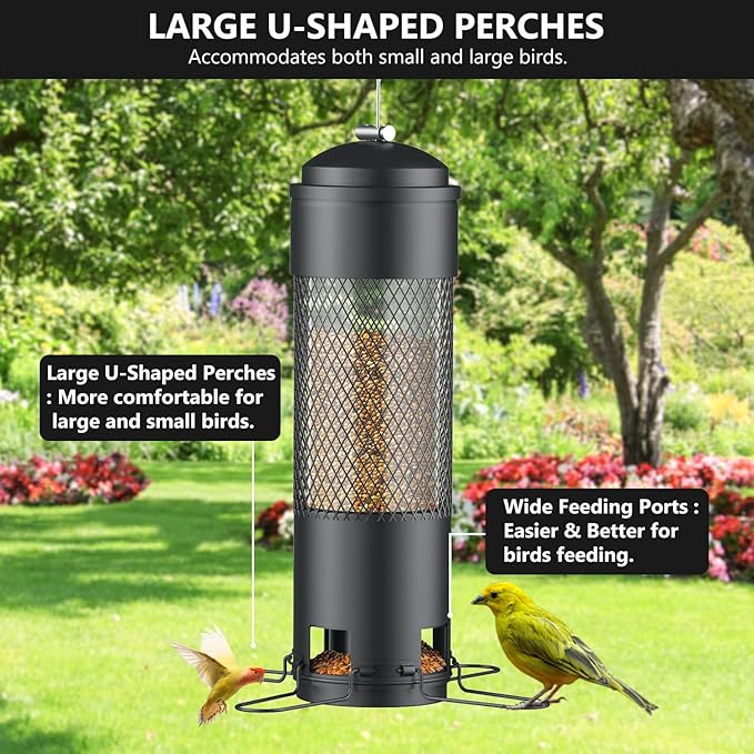 LCSEVEN Bird Feeders for Outdoors Squirrel Proof with Weight-Activated Perches, Hanging Bird Feeder for Outside, Metal Feeder for Wild Cardinal, Finch, Blue Jay, Chickadee, 3LB Seed Capacity, Black
