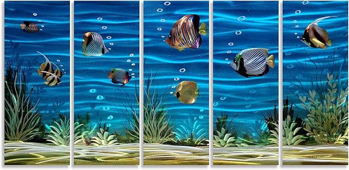 SYGALLERIER School Of Fish Metal Wall Art Handcrafted 3D Coastal Aluminum Artwork Modern Abstract Sea Styles Wall Accent in Blue Green Silver Color for Living Room Bedroom Bathroom Decor