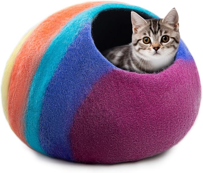 Woolygon Premium Felt Cat Cave Bed โ Wool Kitty Beds Handcrafted Kitten Caves Bed for Indoor Cats - Made from 100% Eco-Friendly Merino Wool, Foldable Cat Hidewawy Covered Cat House Pod (Rainbow Twist)