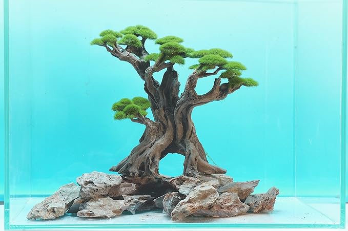 Fish Tank Decor- Bonsai Tree of The Forest with Faux Moss- Aquarium Decoration Aquascaping- Made of Sandstone, 8.8 x 4.3 x 7.8 inches