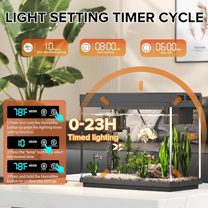 Fish Tank, 2.4 Gallon Fish Aquarium, Fish Tank Starter kit with Smart Humidifier, Temperature Display, 7-Color Lighting, 3 in 1 Quiet Pump with Filteration & Oxygenation & Circulation