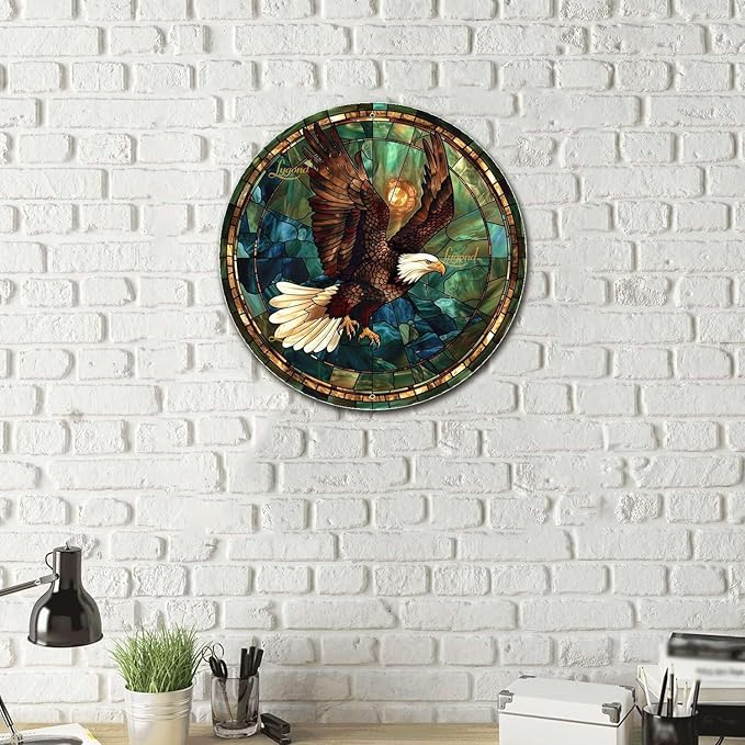 Lygond Metal Sign Tin Sign Circular Stained Glass American Bald Eagle Bathroom Signs for Home for Yard 8×8 Inches