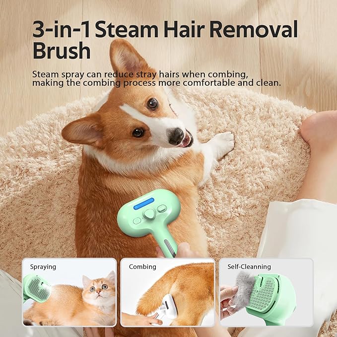 Pet Grooming Brush with Electronic Mist Spray - Gentle Deshedding Tool for Cats & Dogs, Pet Steam Brush,Reduces Shedding, Soft Bristles, Promotes Healthy Coat-Comes with a hair smoothing comb-Greener