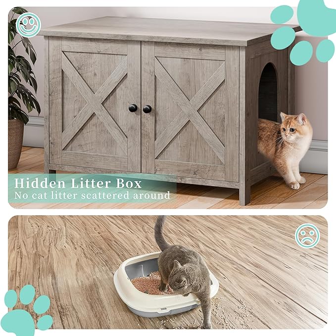 Vongrasig Cat Litter Box Enclosure,Litter Box Furniture Hidden with Barn Door,Wooden Cat Washroom Furniture,Cat House,End Table, Fit Most of Litter Box, Grey