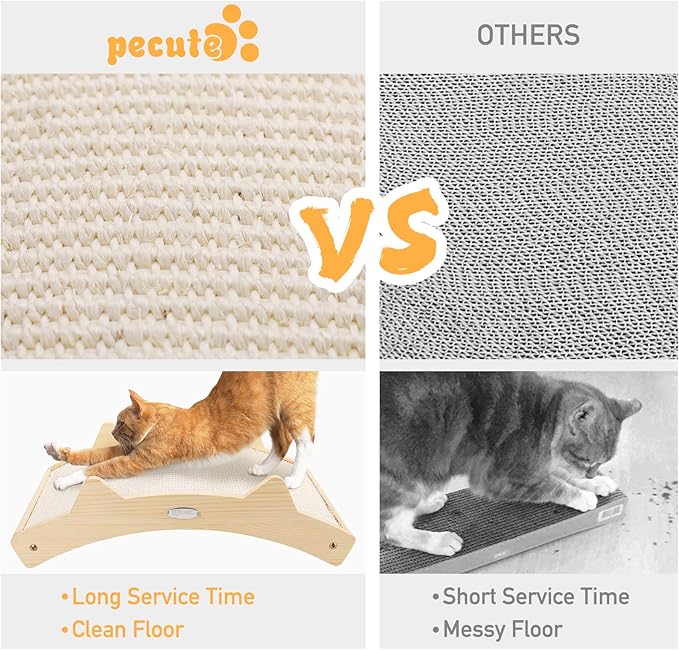 Double-Sided Cat Scratcher With Natural Sisal + Carpet Cloth, Durable Solid Wooden Structure Scratch Pad for Indoor Cats, Scratcher Lounge, 16.5 x 10.8in