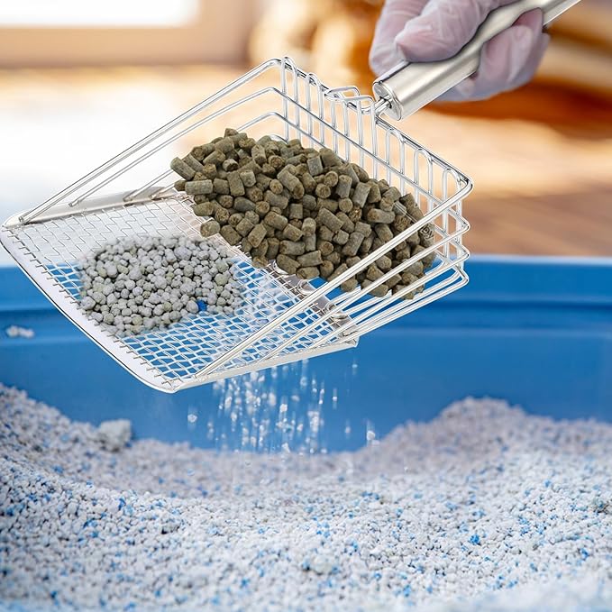 Cat Litter Scoop, Metal Scooper, Deep Shovel, Ergonomic Handle, Kitten Poop Sifting, Durable, Heavy Duty Speed Sifter, for Litter Box (Silvery-Gray)